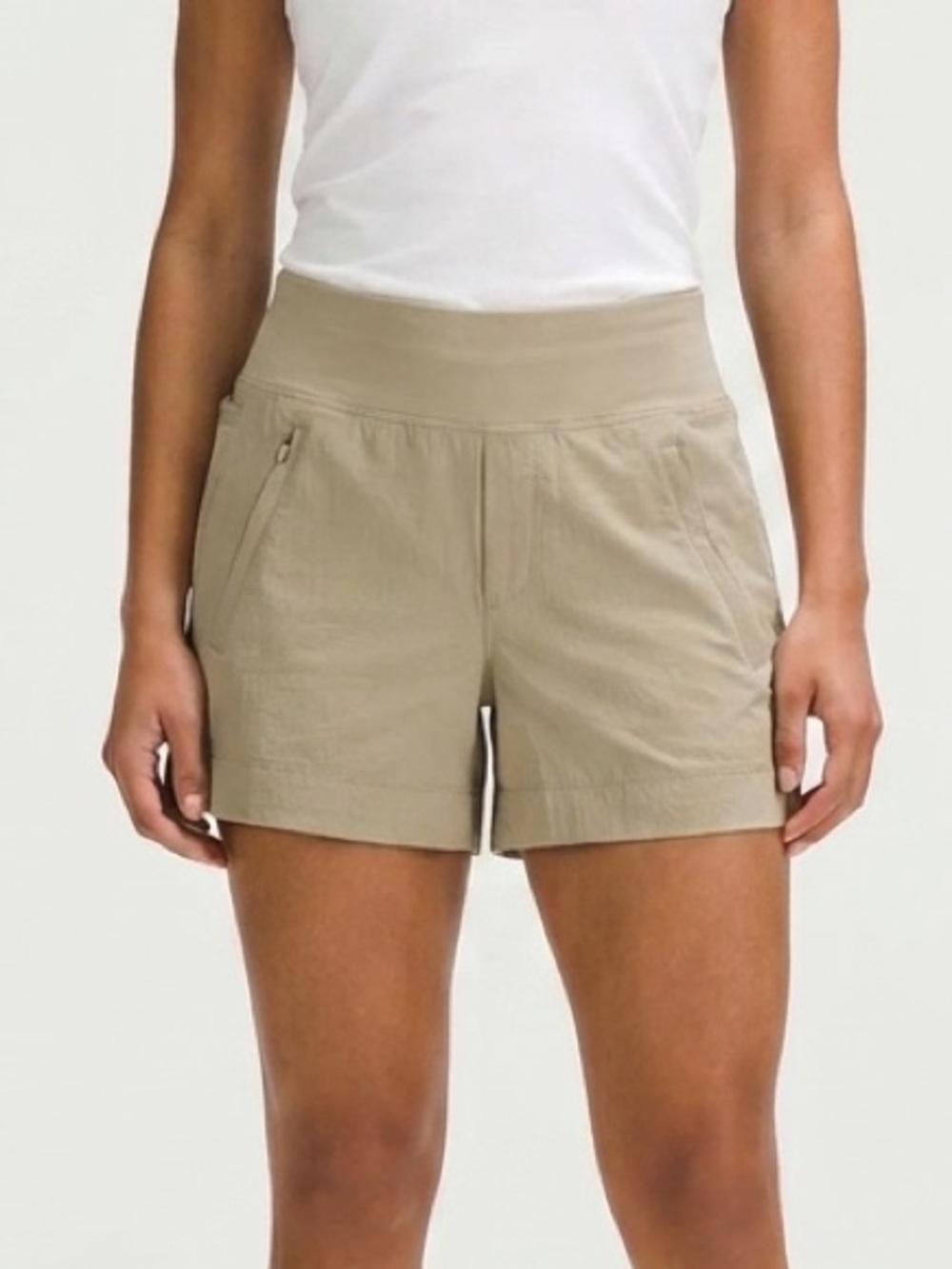 Athleta Trekkie North Shorts Wide Waistband Khaki /Light Tan Athletic Shorts 6